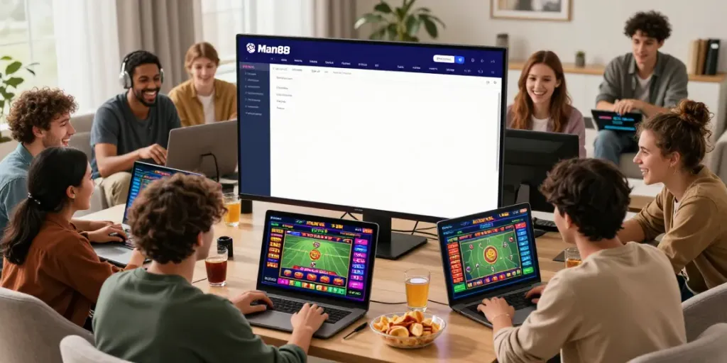 Friends enjoying Man88's online gaming experience in a modern living room.