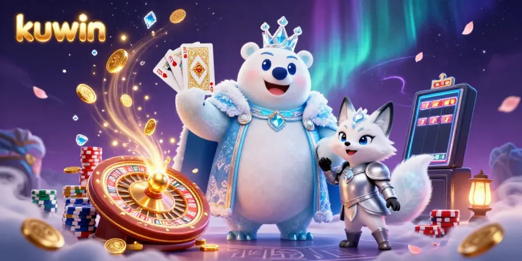 Kuwin gaming scene featuring an ice king polar bear and fox surrounded by casino elements.