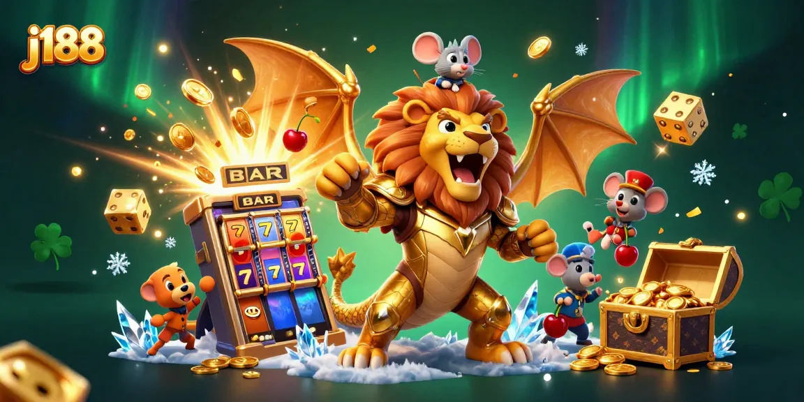 Experience j188's thrilling jackpot scene with a chimera and slot machine explosion.