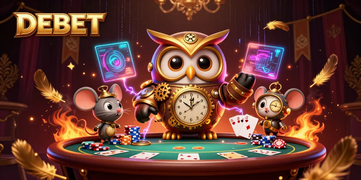 Engage with DEBET's thrilling poker gameplay in this vibrant casino scene featuring magical characters.