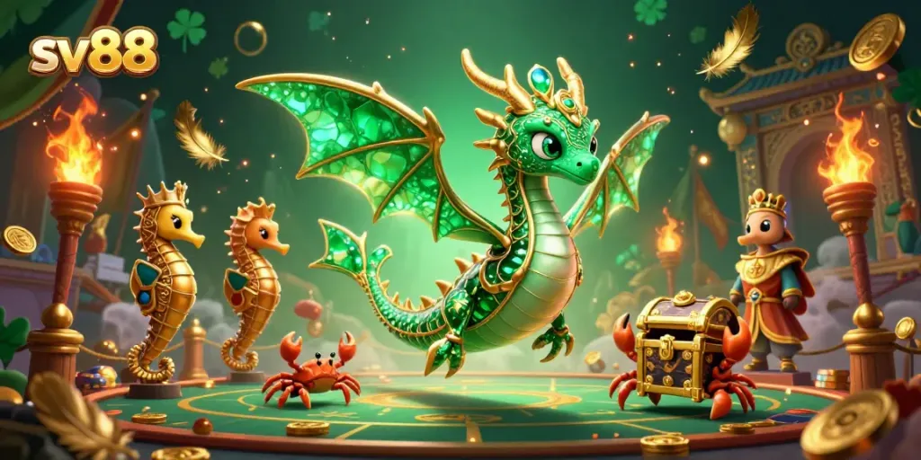 Experience the thrill of sv88 with a vibrant casino scene showcasing a leafy sea dragon, royal seahorse guards, and gold coins amidst captivating gaming elements.