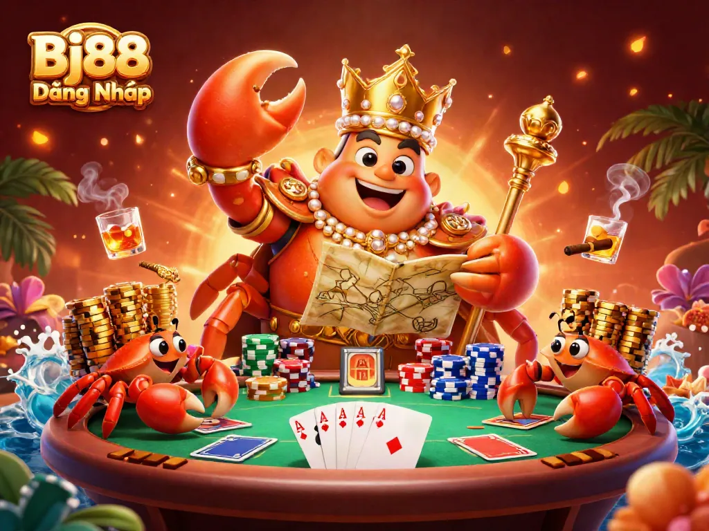 Bj88 Đăng Nhập and play poker with a golden crab emperor holding treasures, showcasing excitement and strategy.