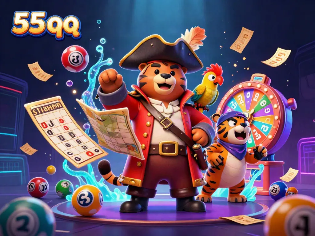 Engage with 55 qq, the vibrant world of thrilling lottery fun and prizes in this dynamic pirate-themed scene.