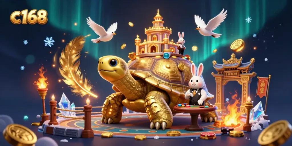 C168 players enjoy the vibrant casino scene with a golden tortoise and a rabbit dealer.
