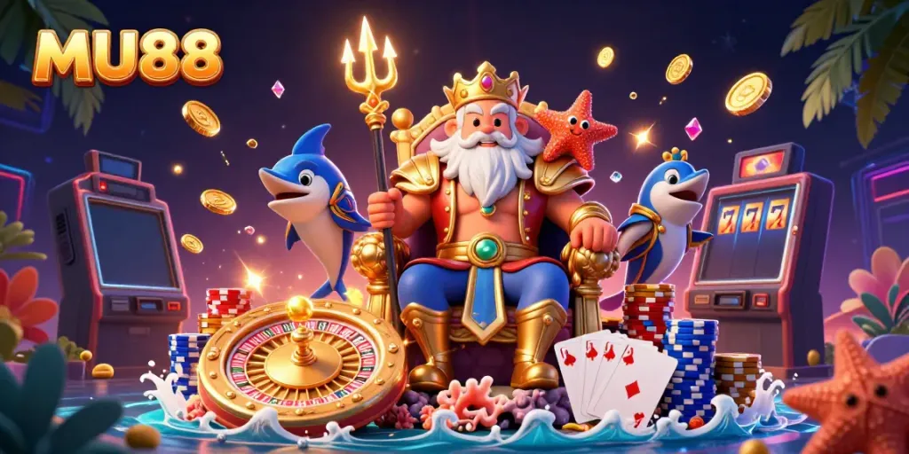 Play exciting casino games at MU88 with Neptune and fun elements in a vibrant 3D scene.