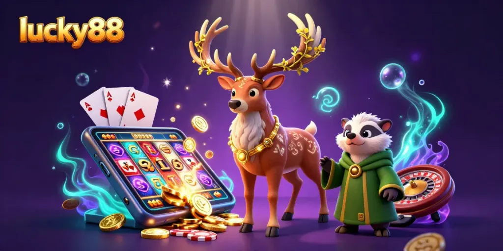 Engage with the thrilling world of lucky88 featuring a vibrant 3D illustration of casino characters and elements.
