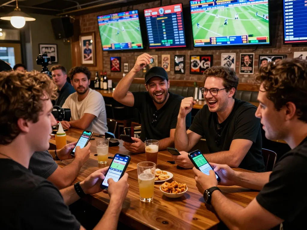 Engaged friends placing bets at a sports bar using the app from https://vb88.llc/ while enjoying live games.