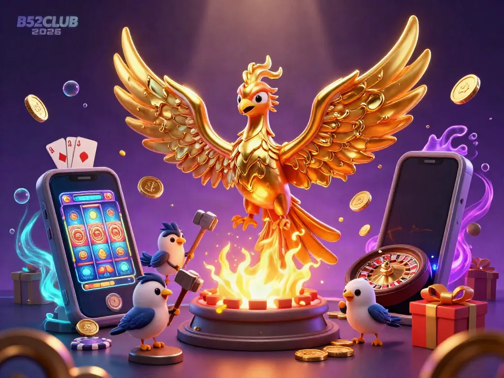 Engage with the exciting world of B52CLUB 2026 through a golden phoenix and vibrant casino elements.