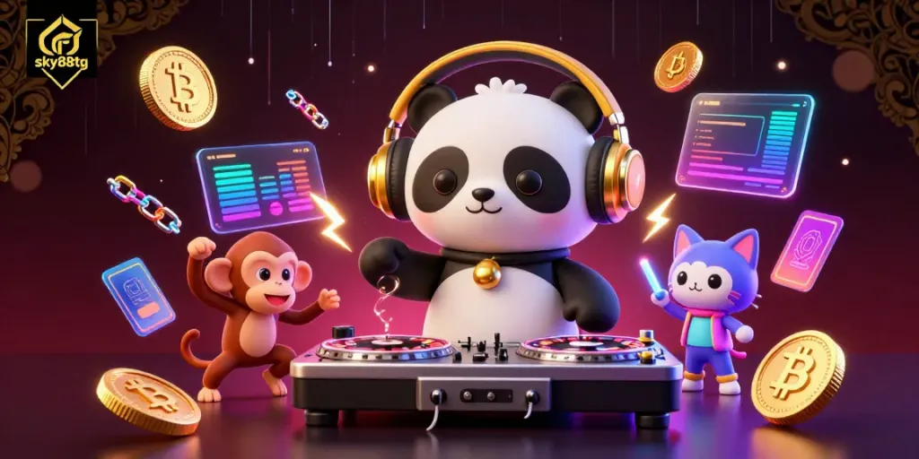 Engage with sky88tg's gaming world through vibrant 3D art featuring a DJ panda, a dancing monkey, and a rave kitten celebrating gambling.