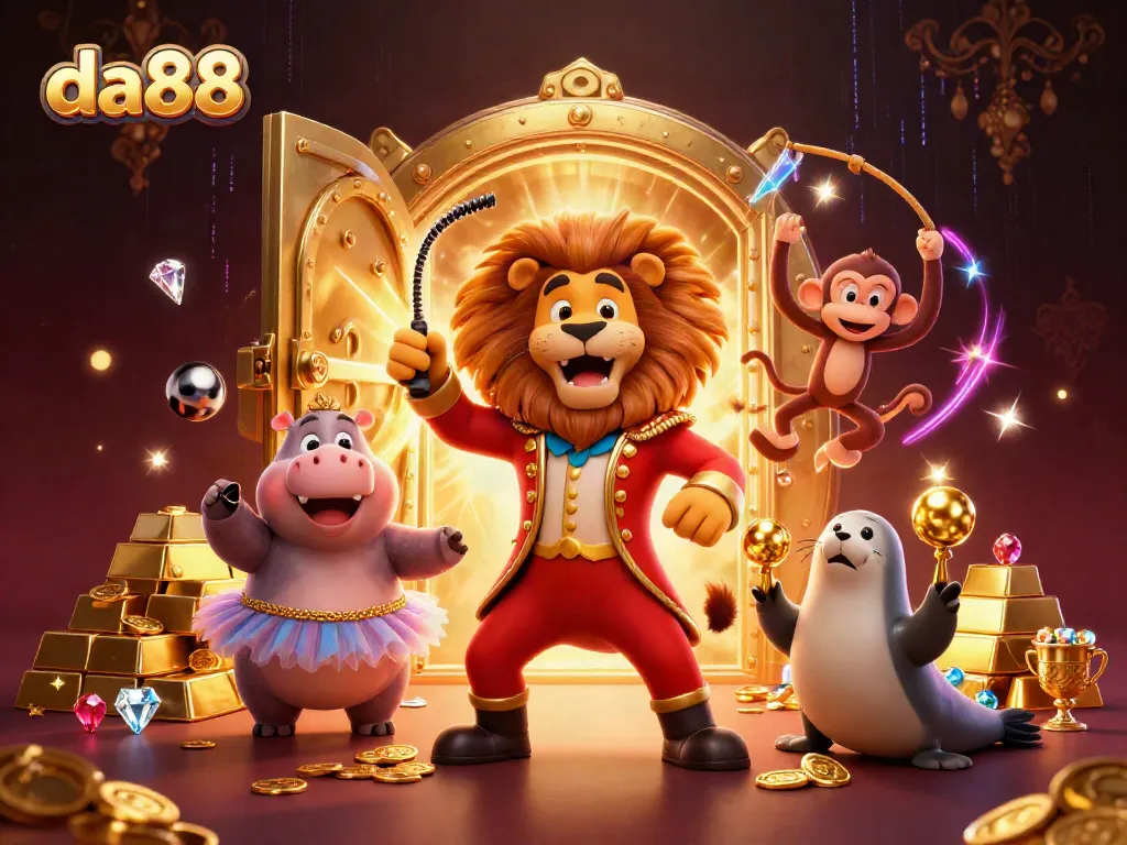Experience lively gaming at da88 with a vibrant 3D illustration of casino characters and golden treasures.