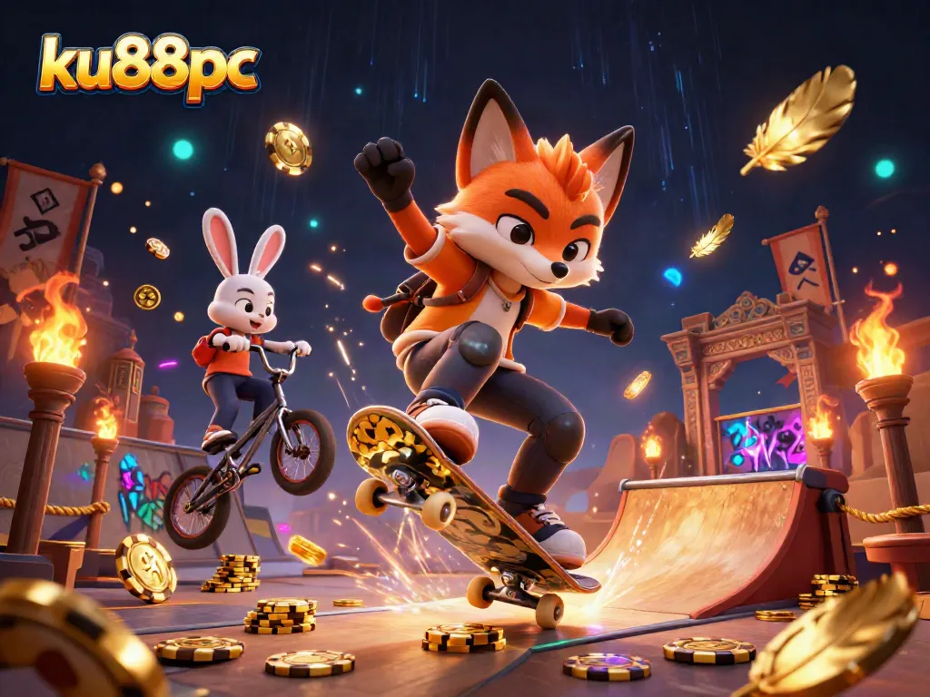 Engage in thrilling gameplay at ku88pc with a vibrant 3D illustration showcasing a daring fox and rabbit in a casino-themed stunt.
