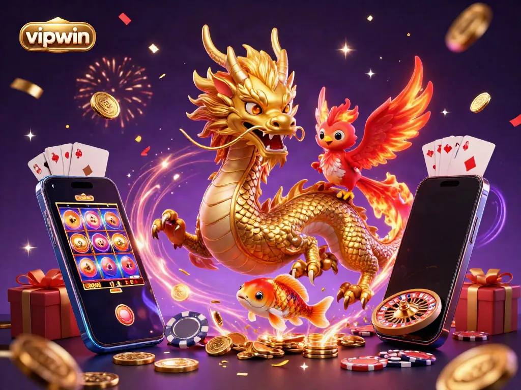 Experience adrenaline-packed games at vipwin, featuring a dynamic digital scene with a golden dragon and glowing coins.