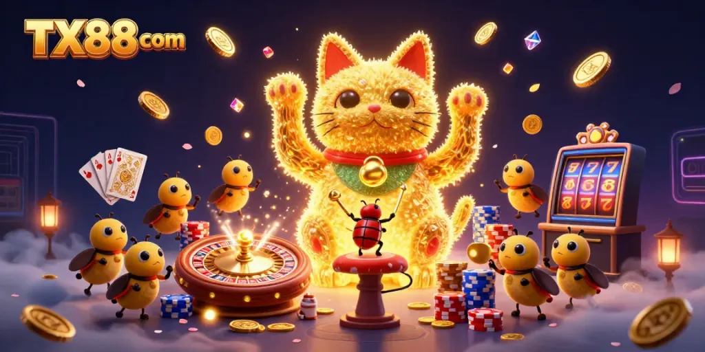 Experience luck and fortune at TX88 com with a vibrant casino-themed 3D illustration