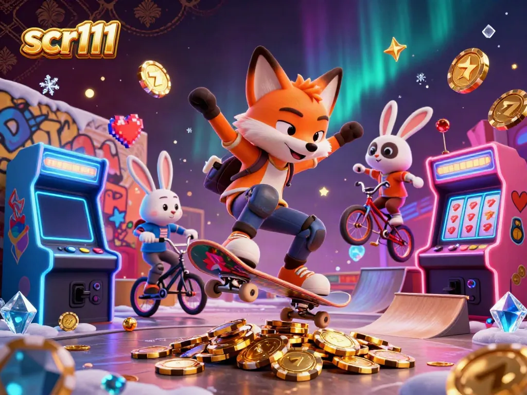 Experience the thrill of scr111 with a lively scene of a fox and rabbit in a vibrant casino-themed illustration.