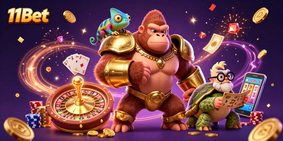 Bet and win at 11Bet featuring a powerful gorilla, chameleon, and tortoise in a vibrant casino scene.