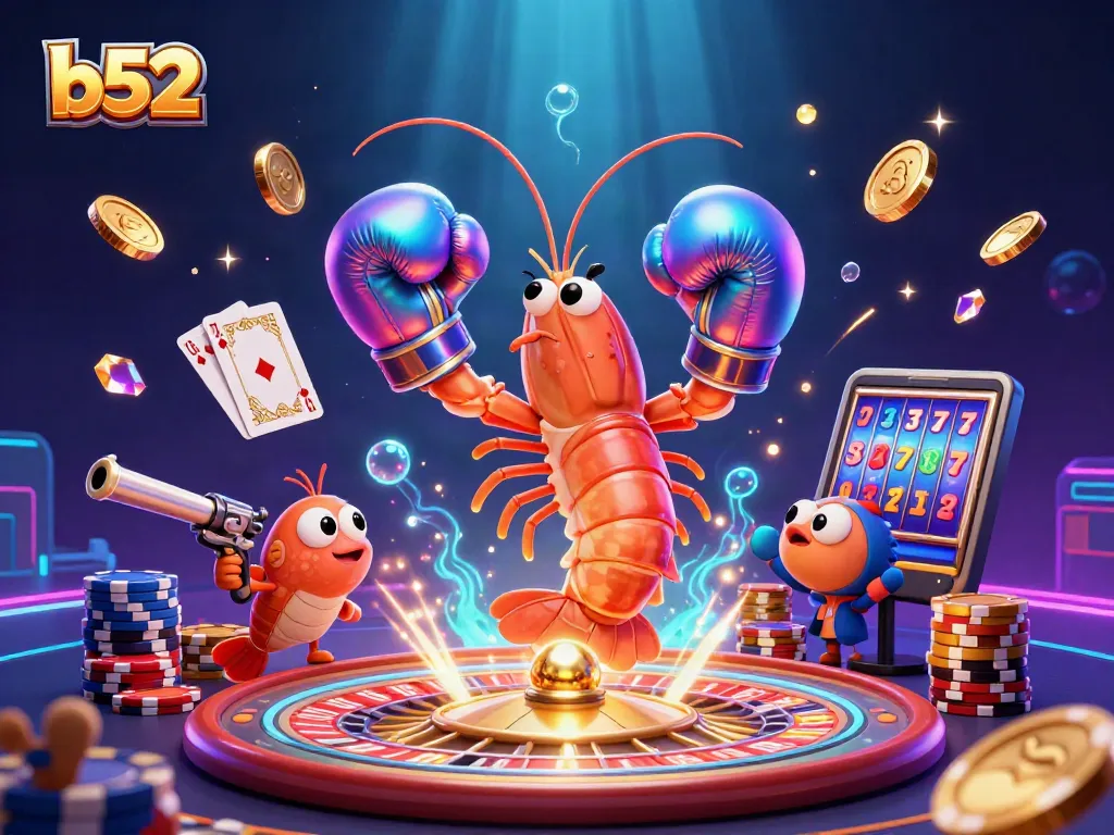 B52 online casino showcases a dynamic scene with vibrant game elements and characters enjoying winning strategies.