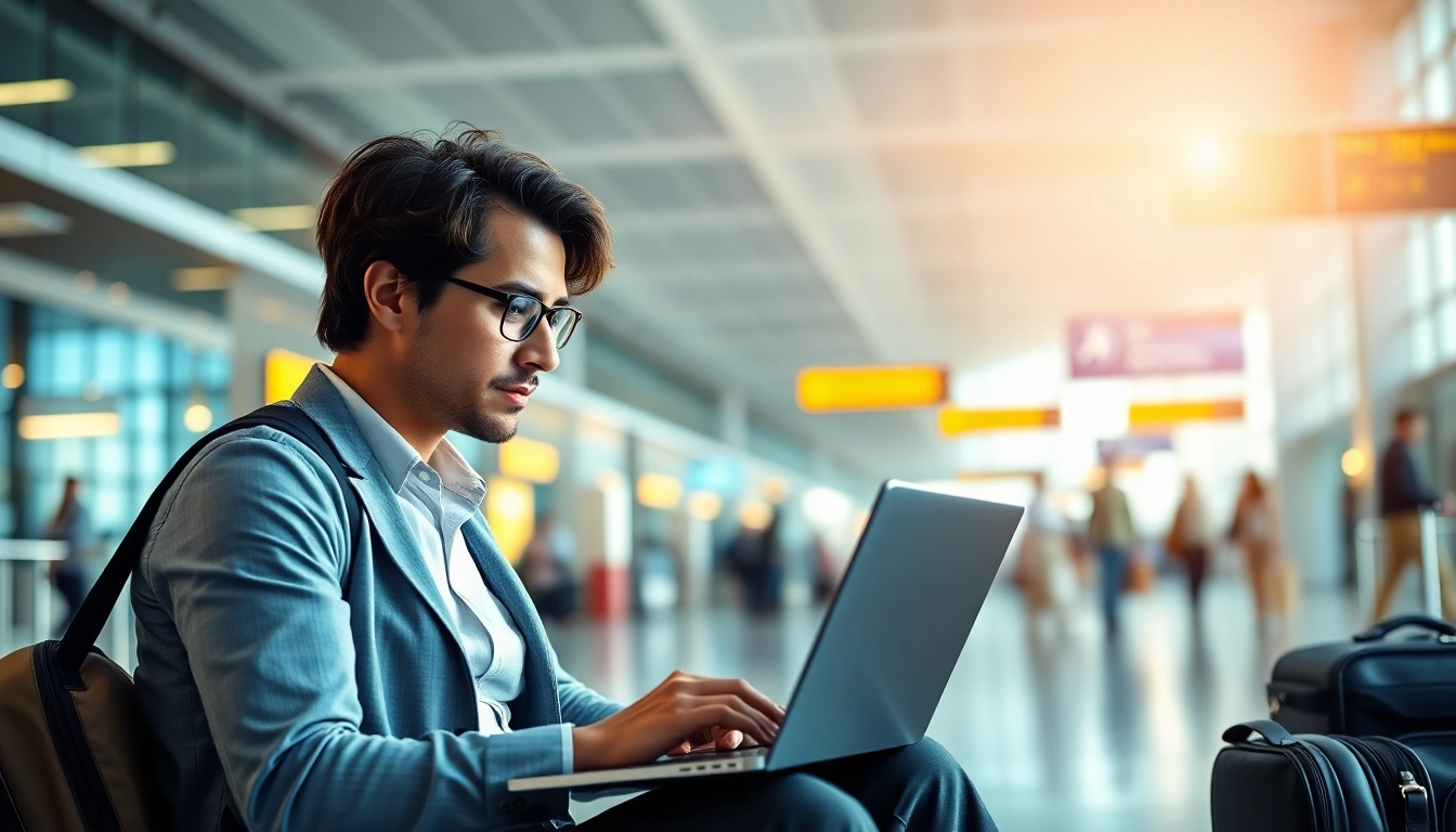 Complete your eta application uk with a traveler focused at an airport setting.