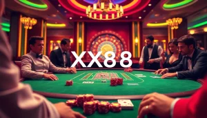A vibrant poker table scene at XX88 casino, featuring players, chips, cards, and a roulette wheel.