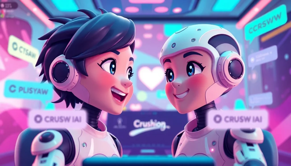 Engaging Crushon IA chat scene with animated characters in vibrant virtual environment.