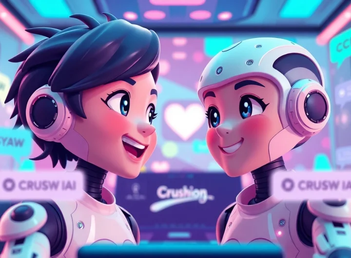 Engaging Crushon IA chat scene with animated characters in vibrant virtual environment.