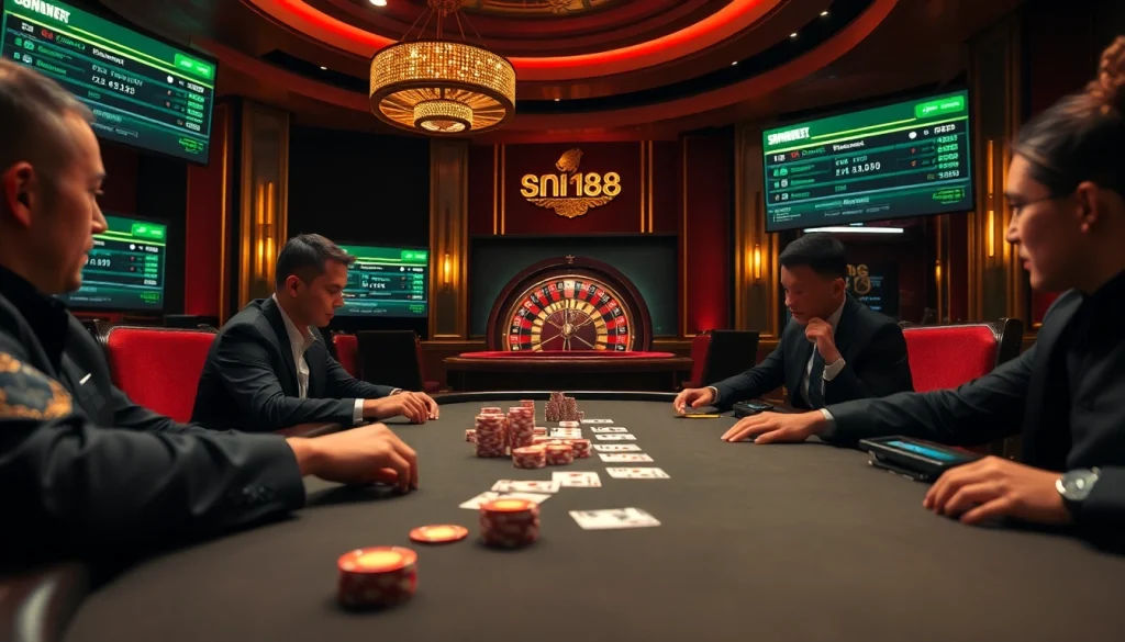 Players at a poker table embracing excitement while engaging with https://sin88.app/ for their gaming experience.
