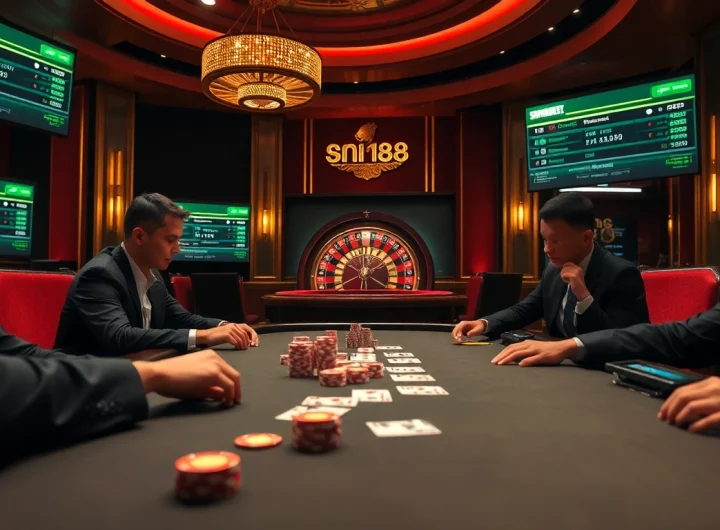 Players at a poker table embracing excitement while engaging with https://sin88.app/ for their gaming experience.